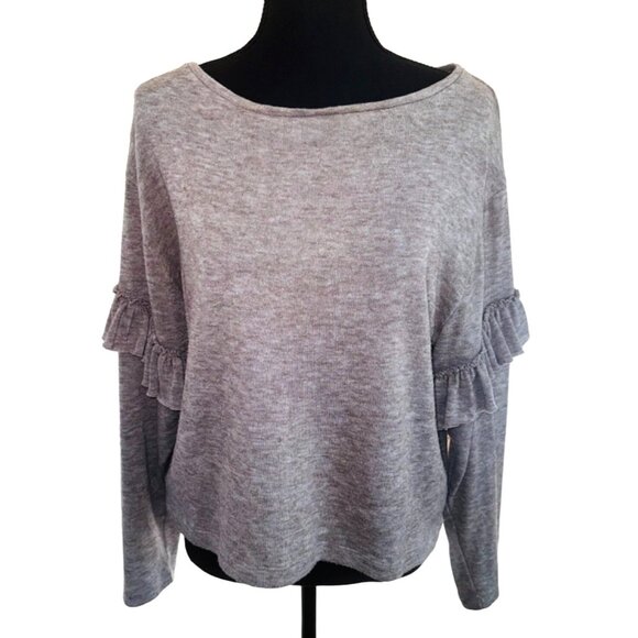 Zara Grey/Beige Knit Soft Ruffle Sleeve Sweater Top Boat Neck M Casual Comfort - Picture 2 of 10